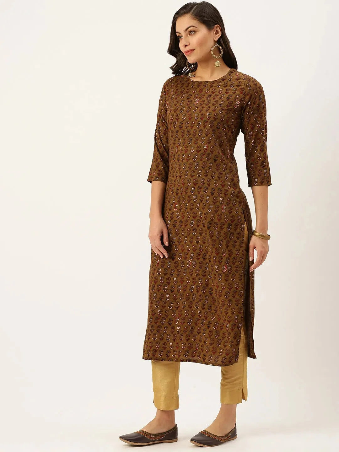 Brown Printed Cotton Kurta: Indian Kurta Ladies Collection
