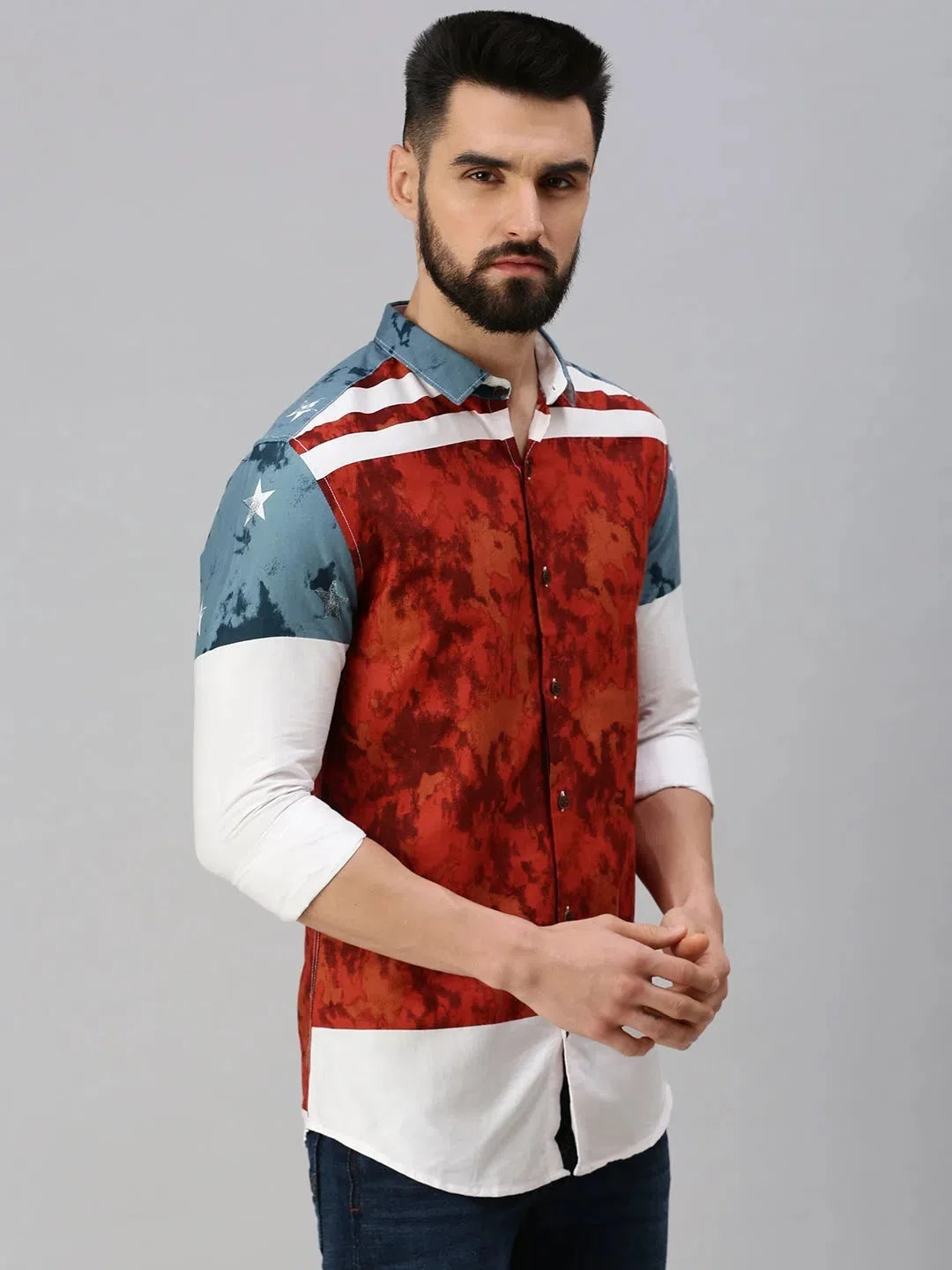 Red Printed Mens Shirt - Cotton Casual Shirt for Men
