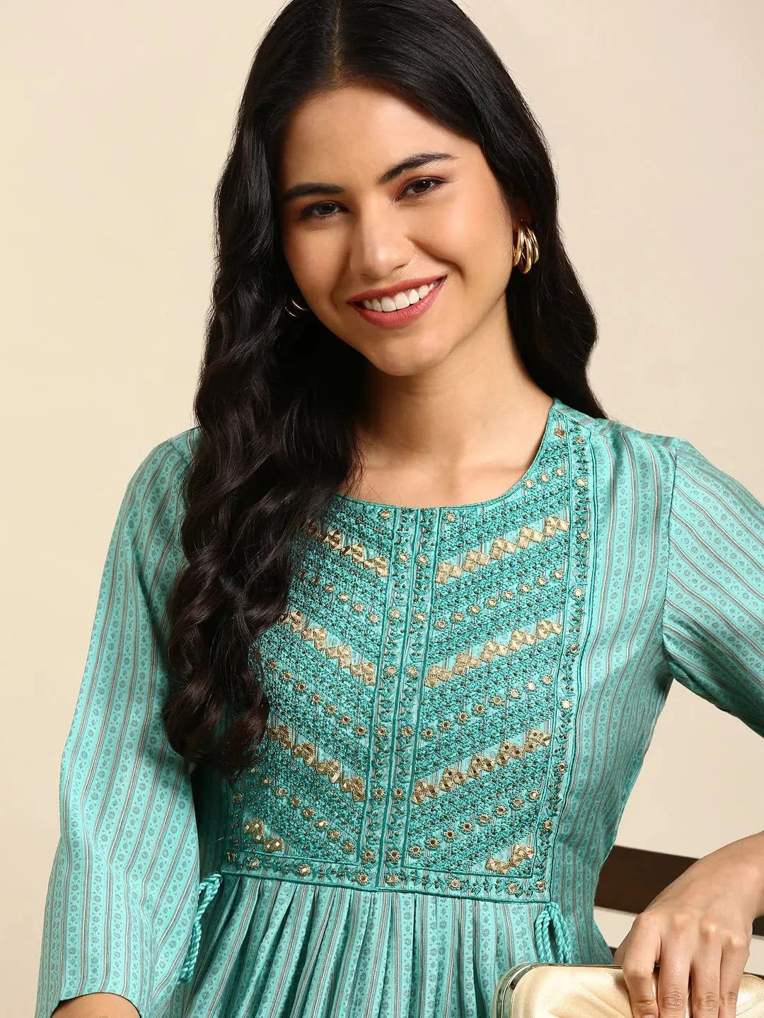 Green Printed Polyester Anarkali Kurta | Women's Anarkali Kurti
