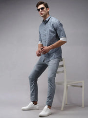 Men Blue Printed Casual Shirt-OMANPRINT-1583-Navyblue