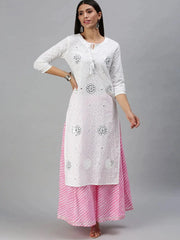 Women's White & Pink Printed Kurta Sets-JC05-White-Pink