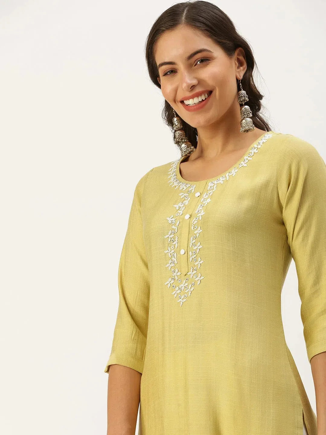 Yellow Embellished Indian Kurta - Cotton Kurti for Women
