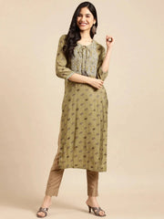 Women's Green Printed Straight Kurta-AT-A382-K-Olive
