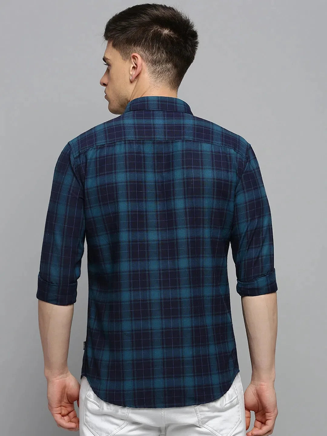 Teal Checked Casual Shirt - Men's Cotton Printed Shirt