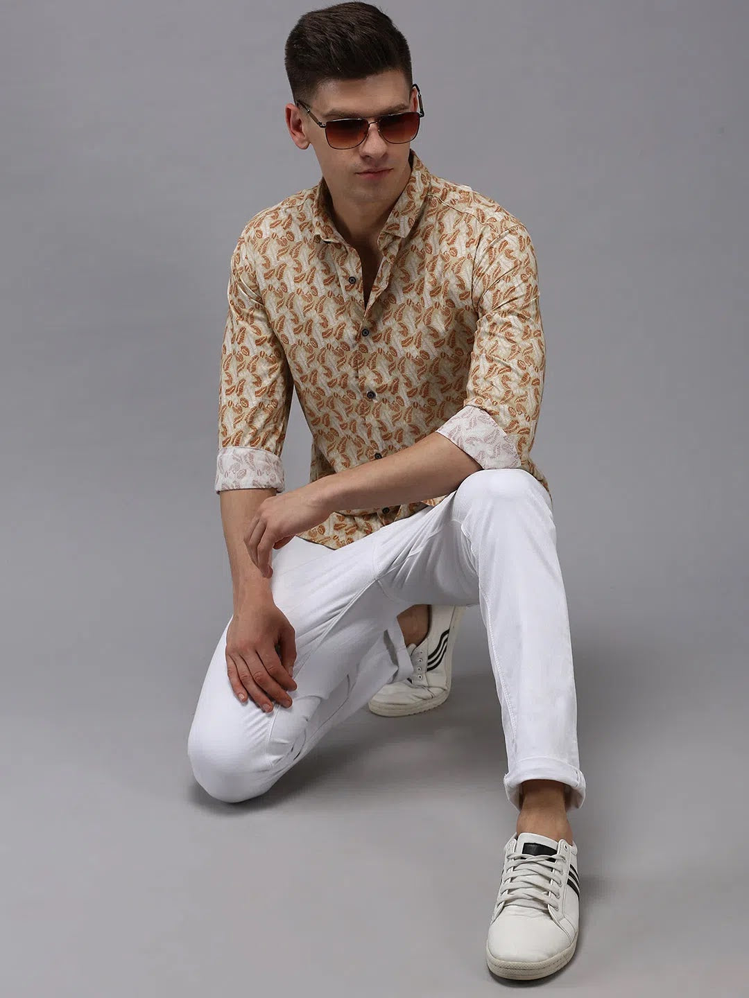 Beige Printed Mens Shirt - Cotton Casual Shirt from DesiQlo