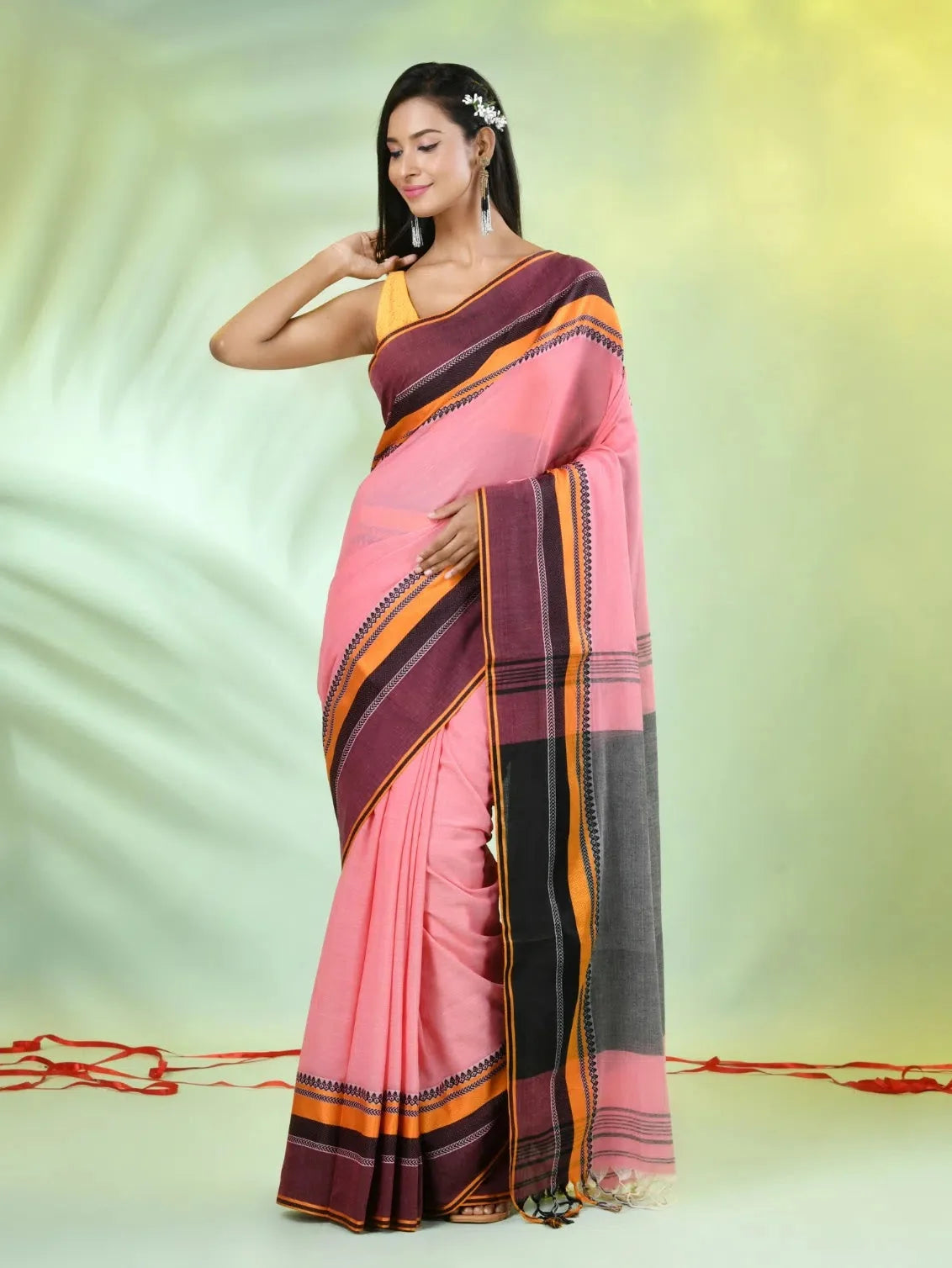 Peach Cotton Saree with Temple Border | Indian Sari