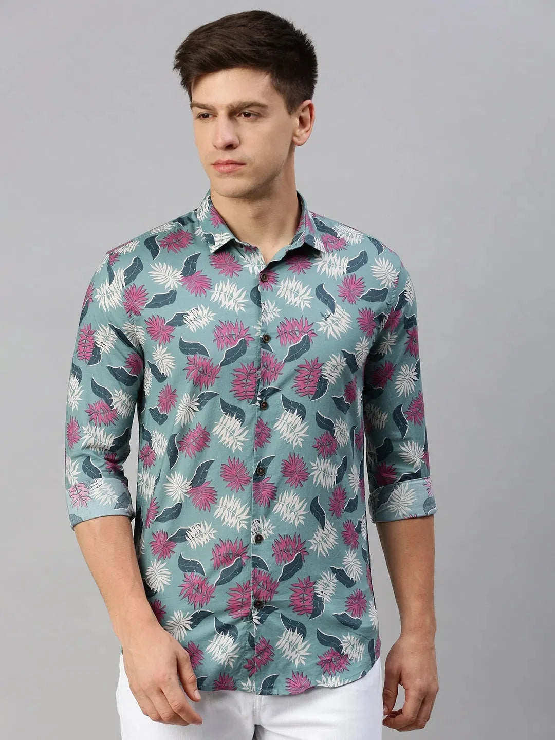 Men's Printed Shirt - Green Cotton Casual Shirt | DesiQlo