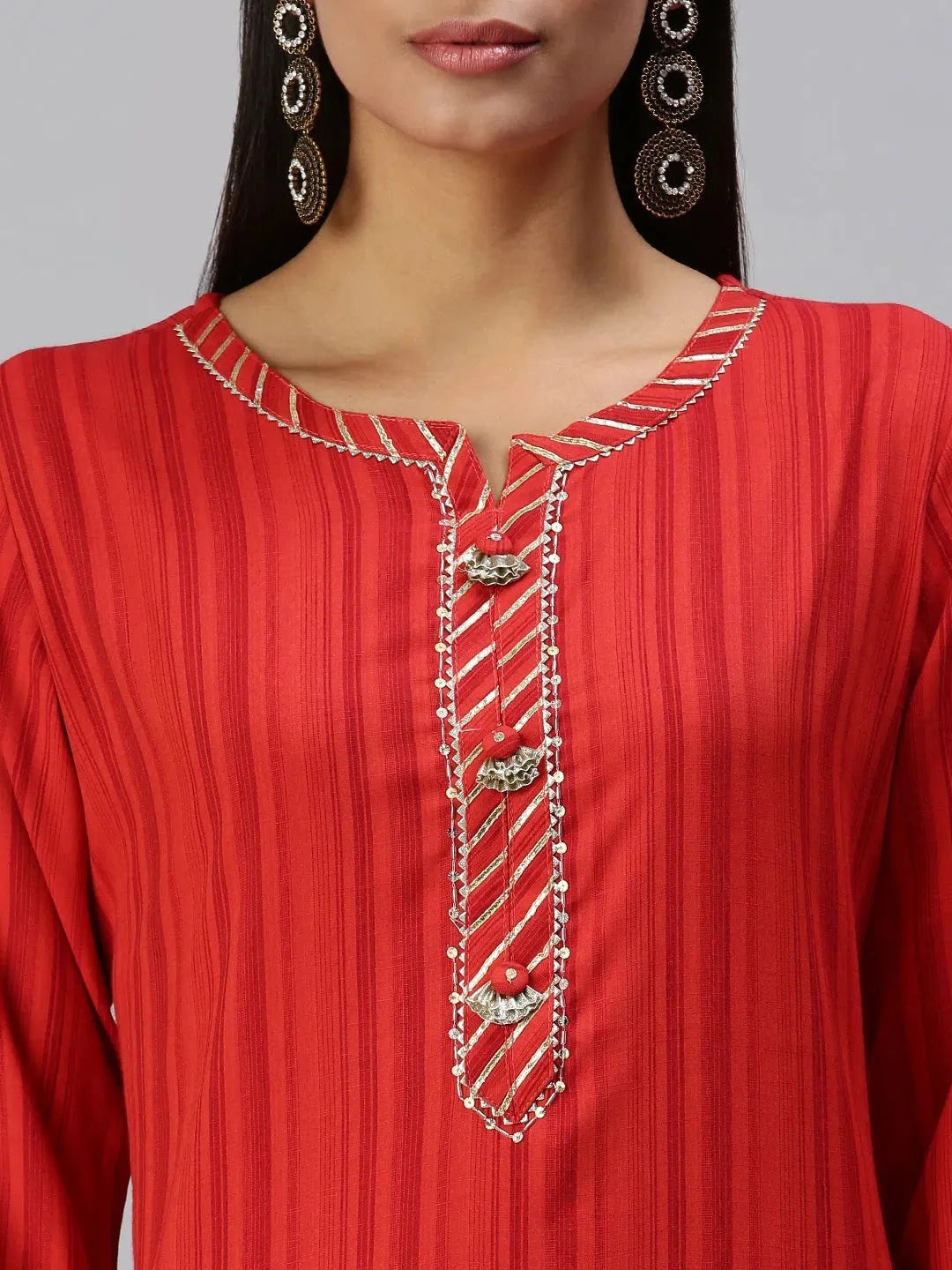 Red Striped Straight Cotton Kurta - Indian Kurtas for Women
