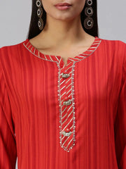 Women's Red Striped Straight Kurta-HO386-Red