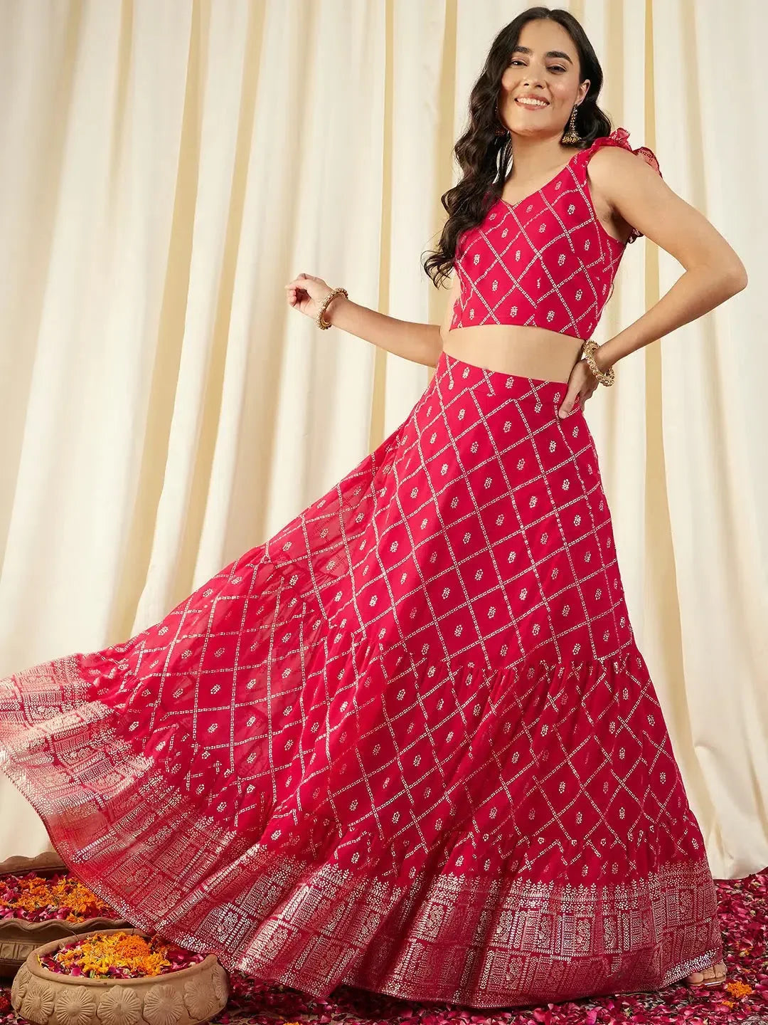 Magenta Lehenga: Crop Top & Flared Skirt Party Wear Outfit