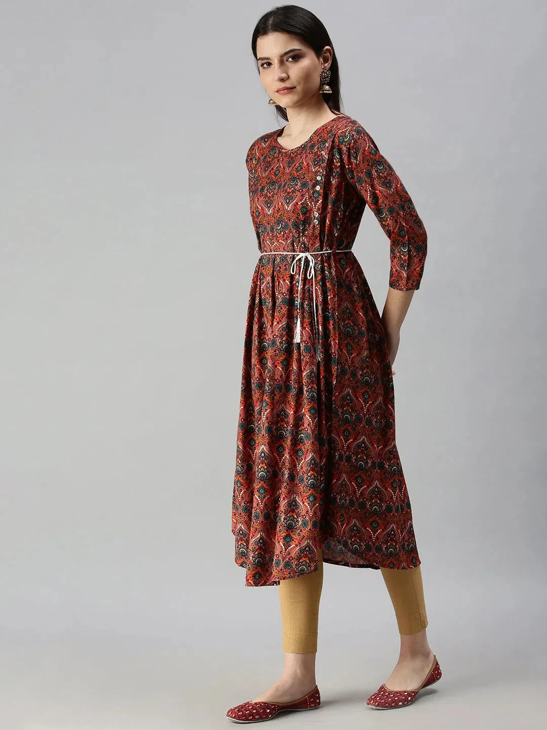 Women's Printed A-Line Kurta - Pink Cotton Indian Kurtis Online