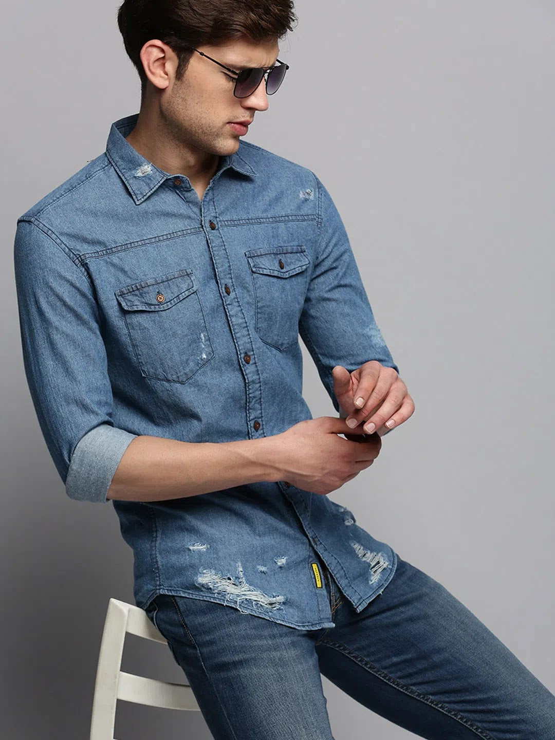 Men Blue Solid Casual Shirt-VIVODENIM-4464-Blue