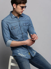 Men Blue Solid Casual Shirt-VIVODENIM-4464-Blue