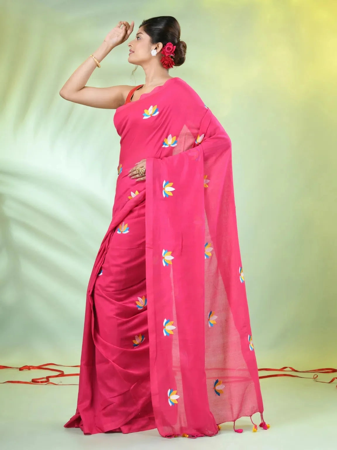 Pink Embroidered Cotton Saree | Designer Sarees India