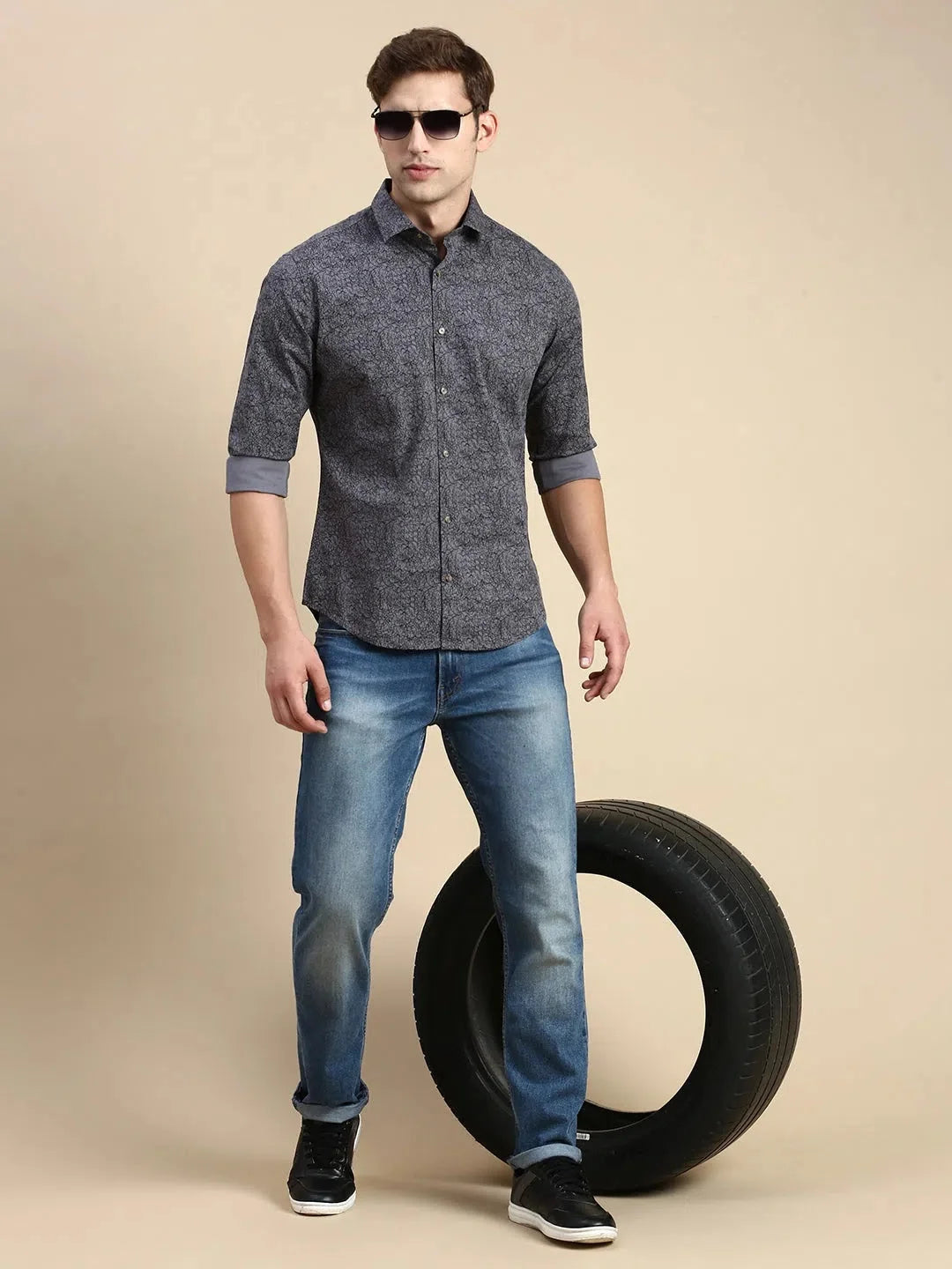 Men's Grey Printed Shirt | Casual Cotton Shirt - DesiQlo