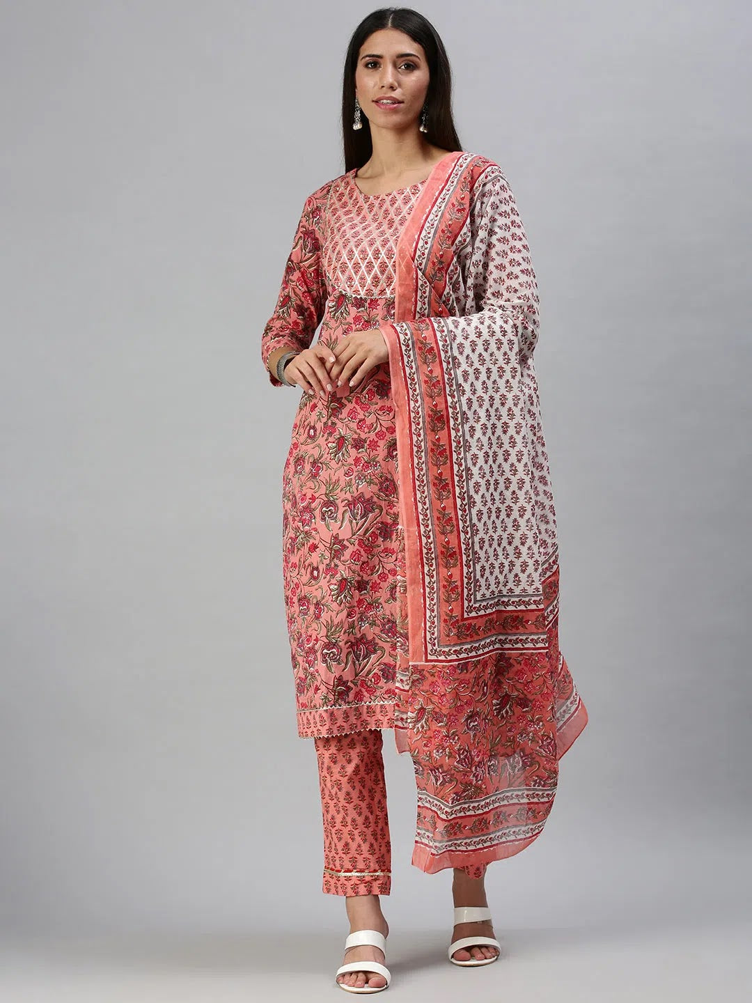 Peach Floral Print Cotton Kurta Set for Women | Indian Kurta
