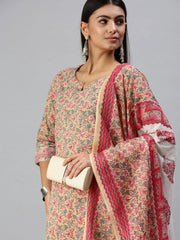 Women's Beige Printed Kurta SetsS362A-Cream