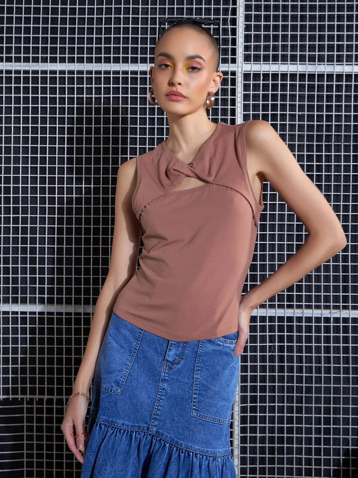 Brown Twisted Neck Top - Women's Western Wear Outfits