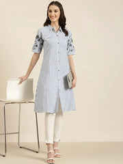 Women Blue Striped A-Line Kurta-DF-1597-Blue