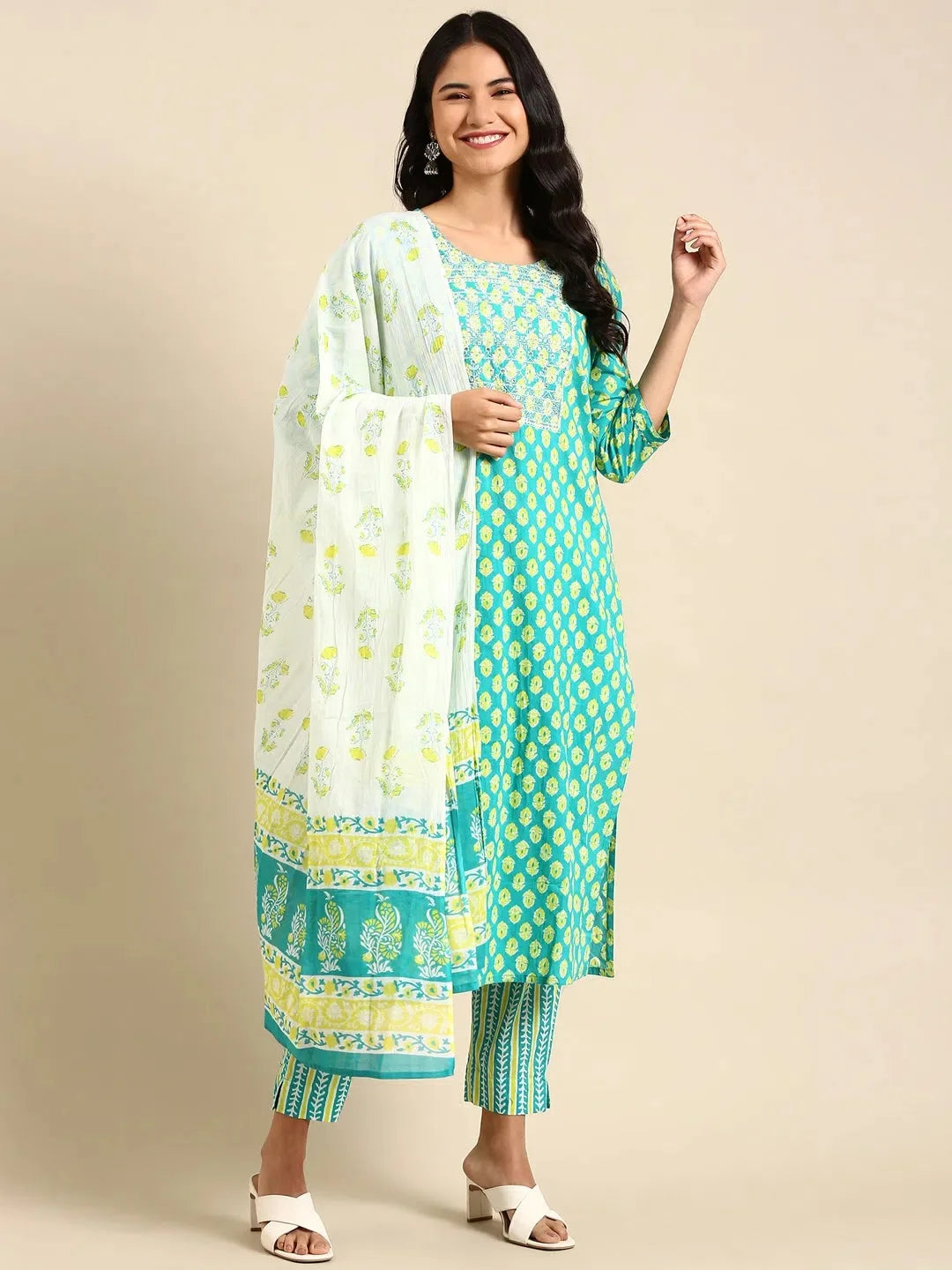 Teal Printed Kurta Set | Women's Cotton Indian Kurta Sets