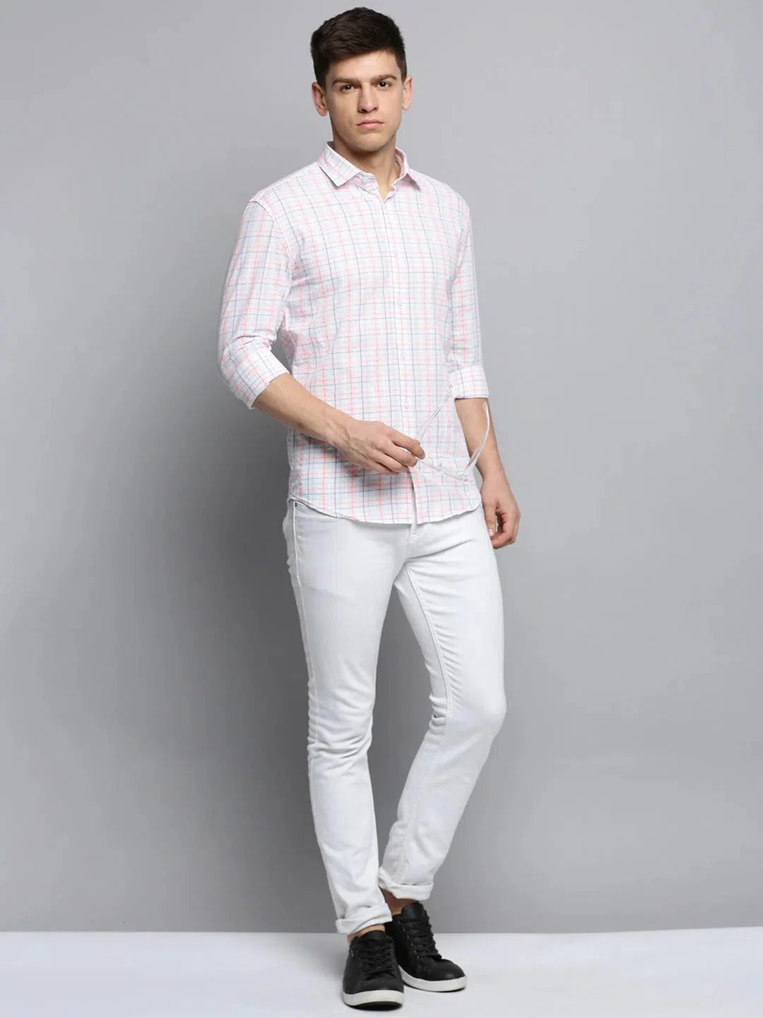 Men's White Checked Shirt - Cotton Casual Shirt Online