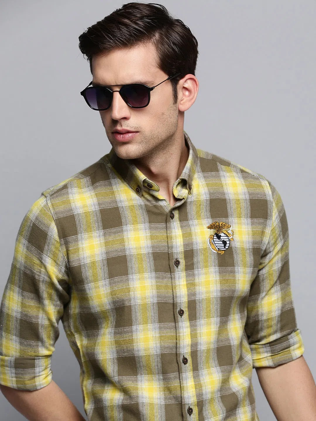 Men Green Checked Casual Shirt-COLLINSCHECKS-4045-Olive