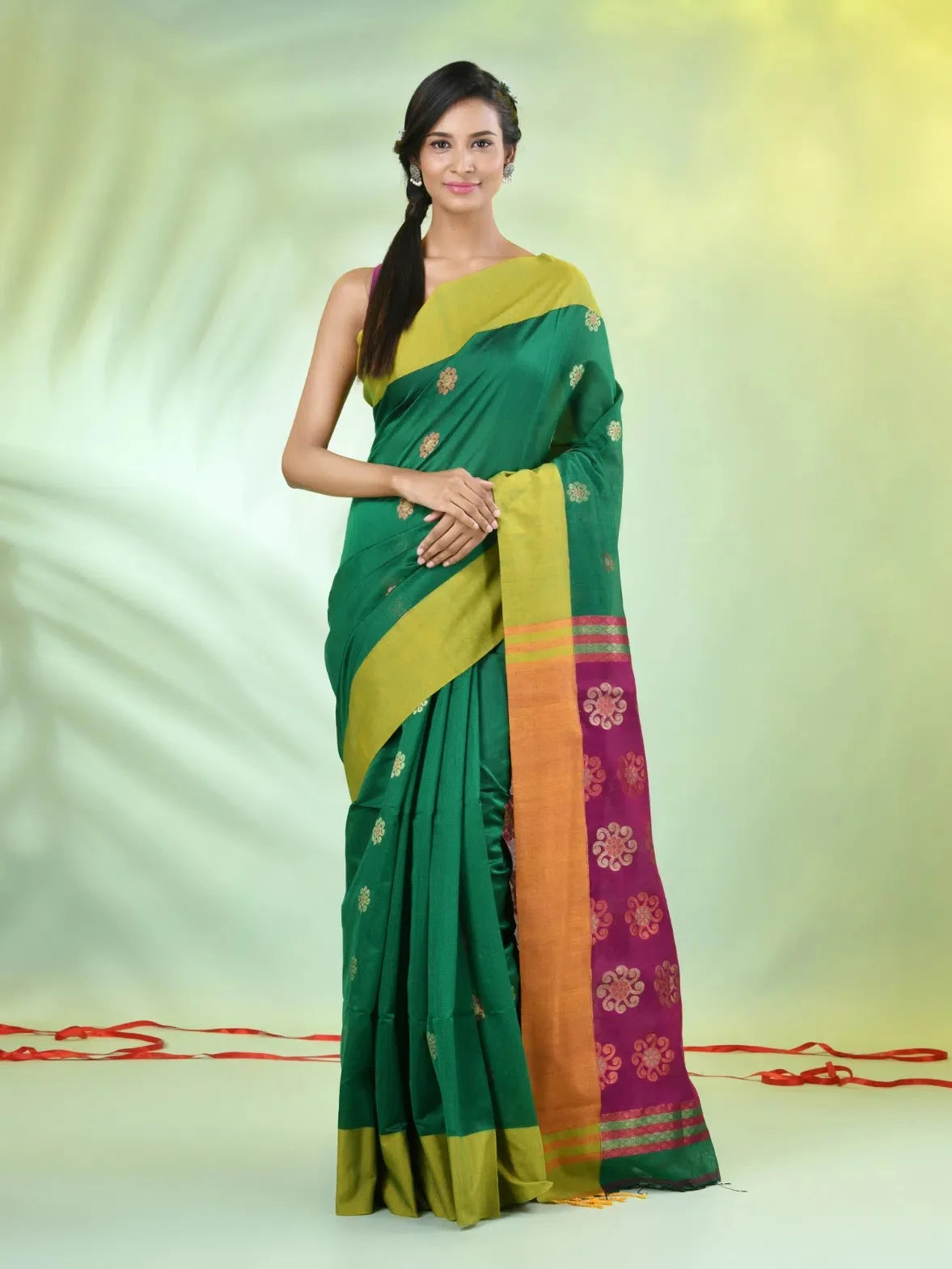 Green Cotton Indian Sari with Ethnic Motifs