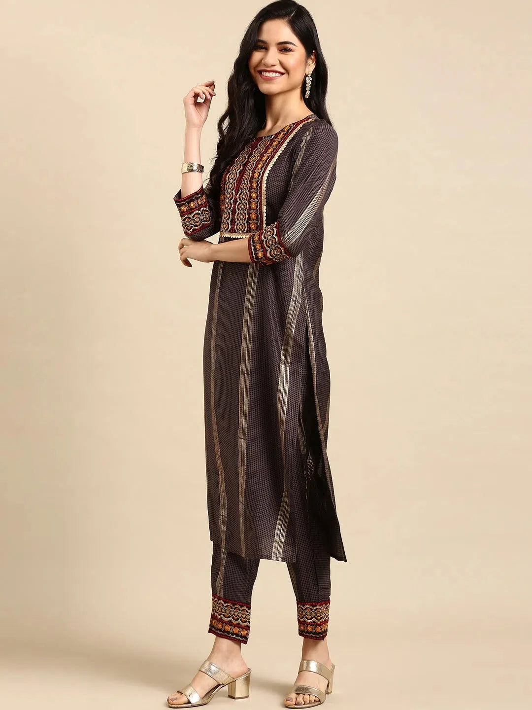 Grey Checked Cotton Kurta Set | Women's Indian Kurta Sets