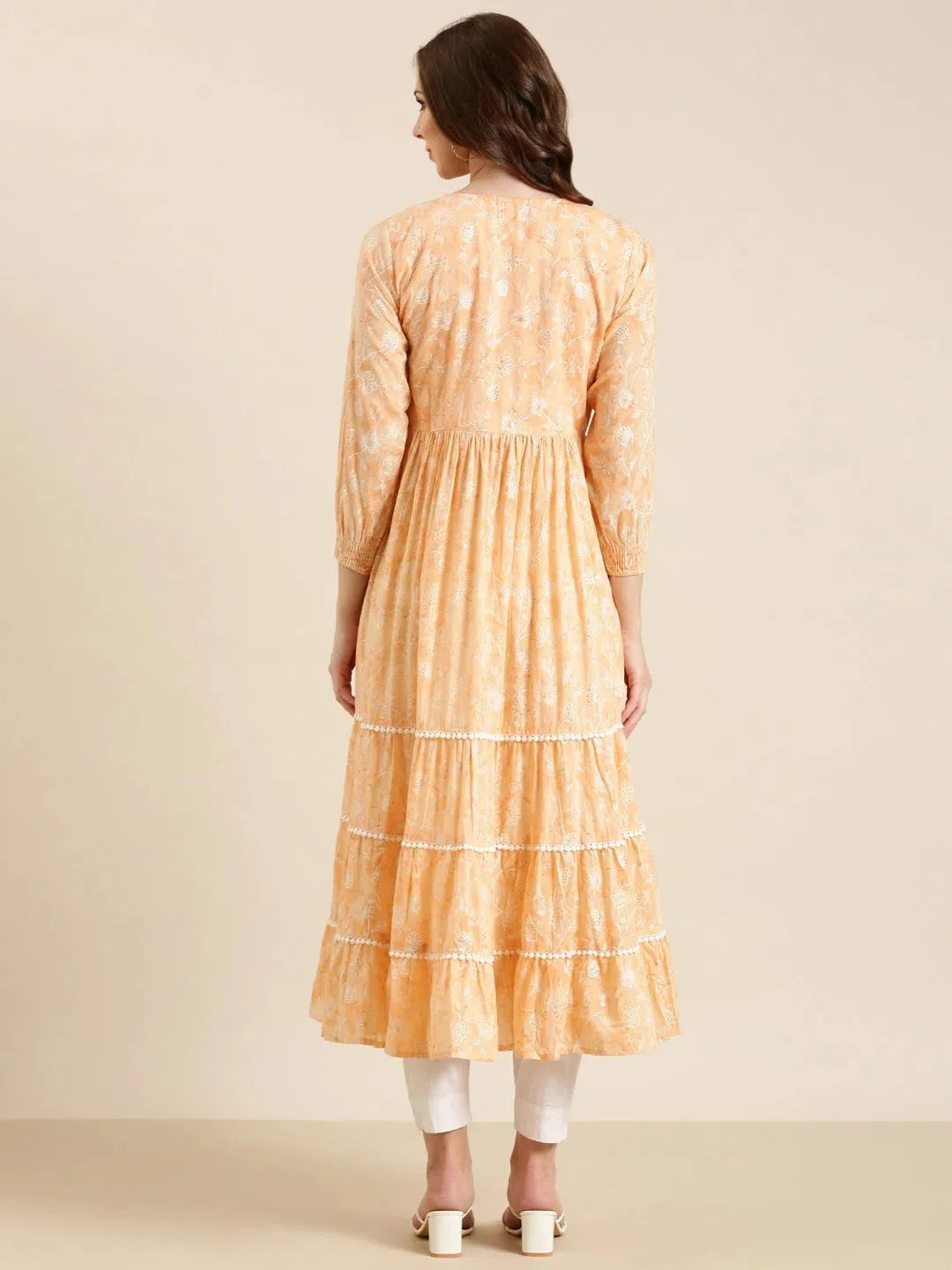 Peach Floral Cotton Anarkali Kurta | Women's Anarkali Kurti