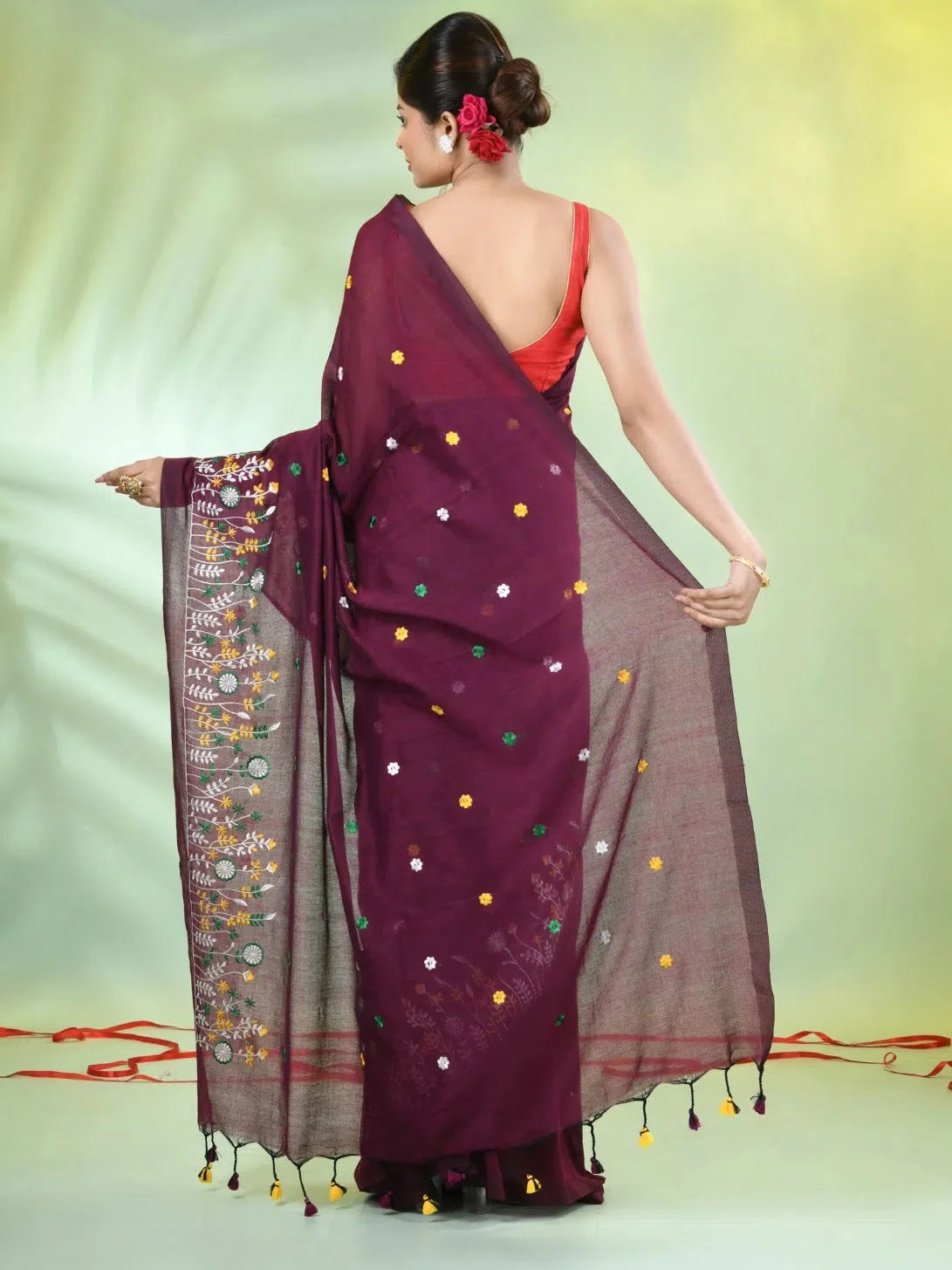 Embroidered Cotton Saree: Burgundy Indian Sari | Designer Sare...