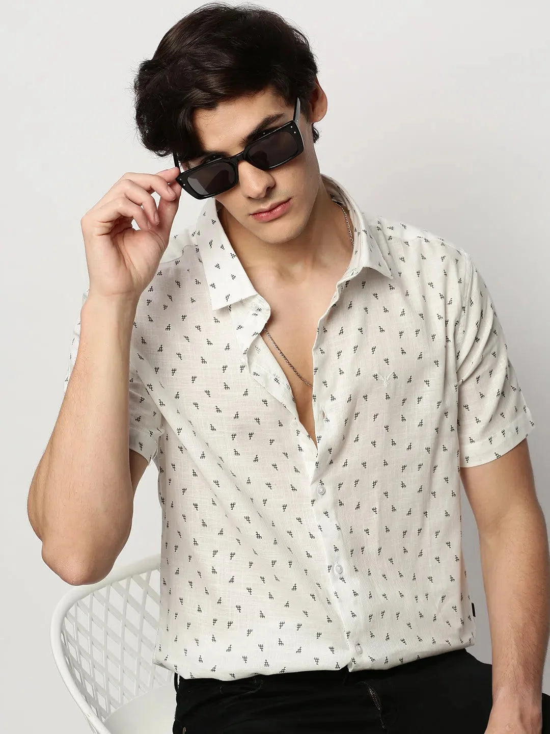 White Geometric Print Mens Shirt - Cotton Casual Shirt