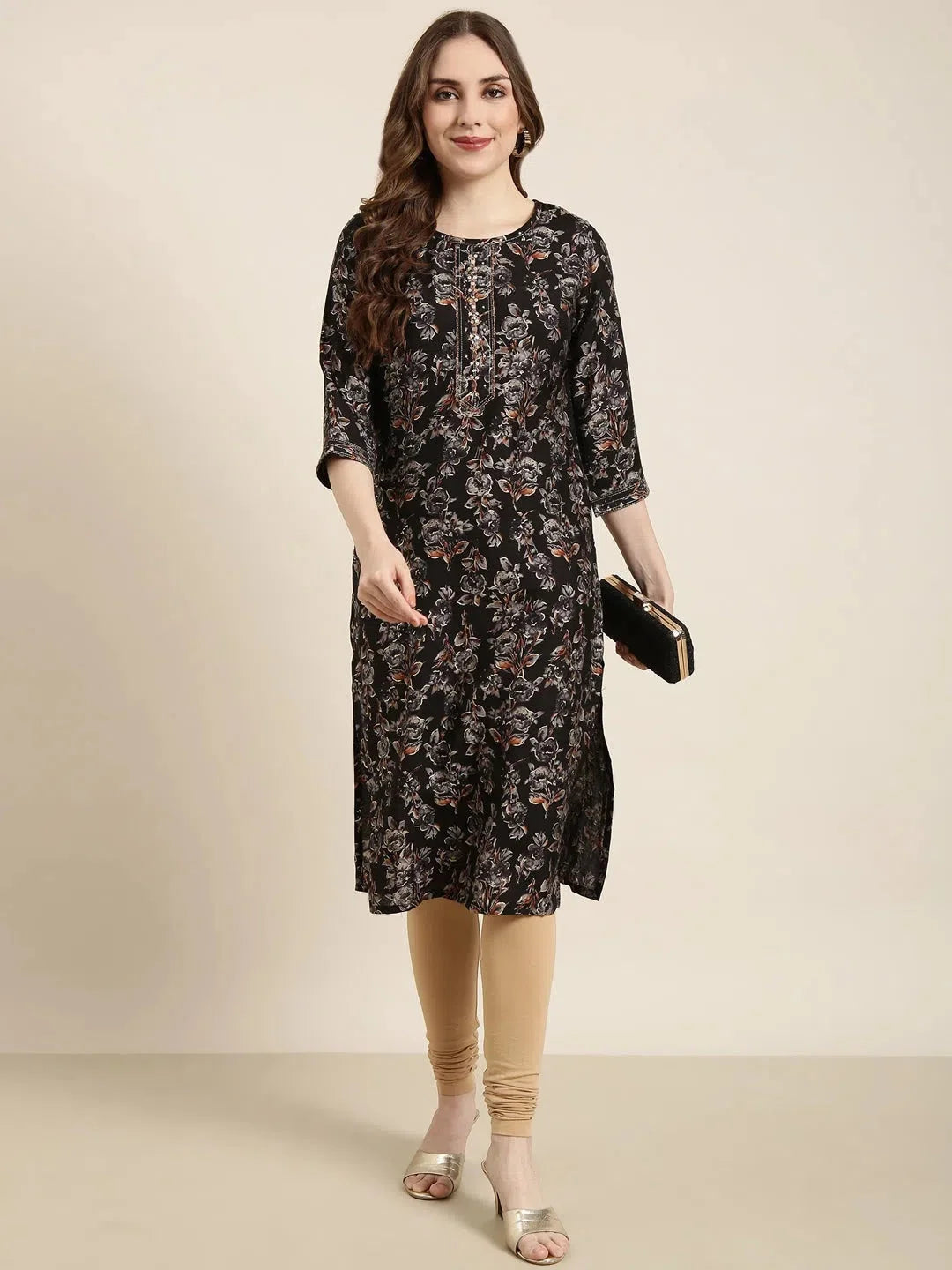 Black Floral Print Cotton Kurta | Women's Indian Kurtis Online