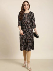 Women Straight Black Floral Kurta-HO-1449-Black