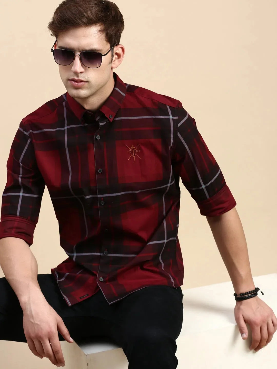 Maroon Checked Mens Shirt - Cotton Casual Shirt | DesiQlo