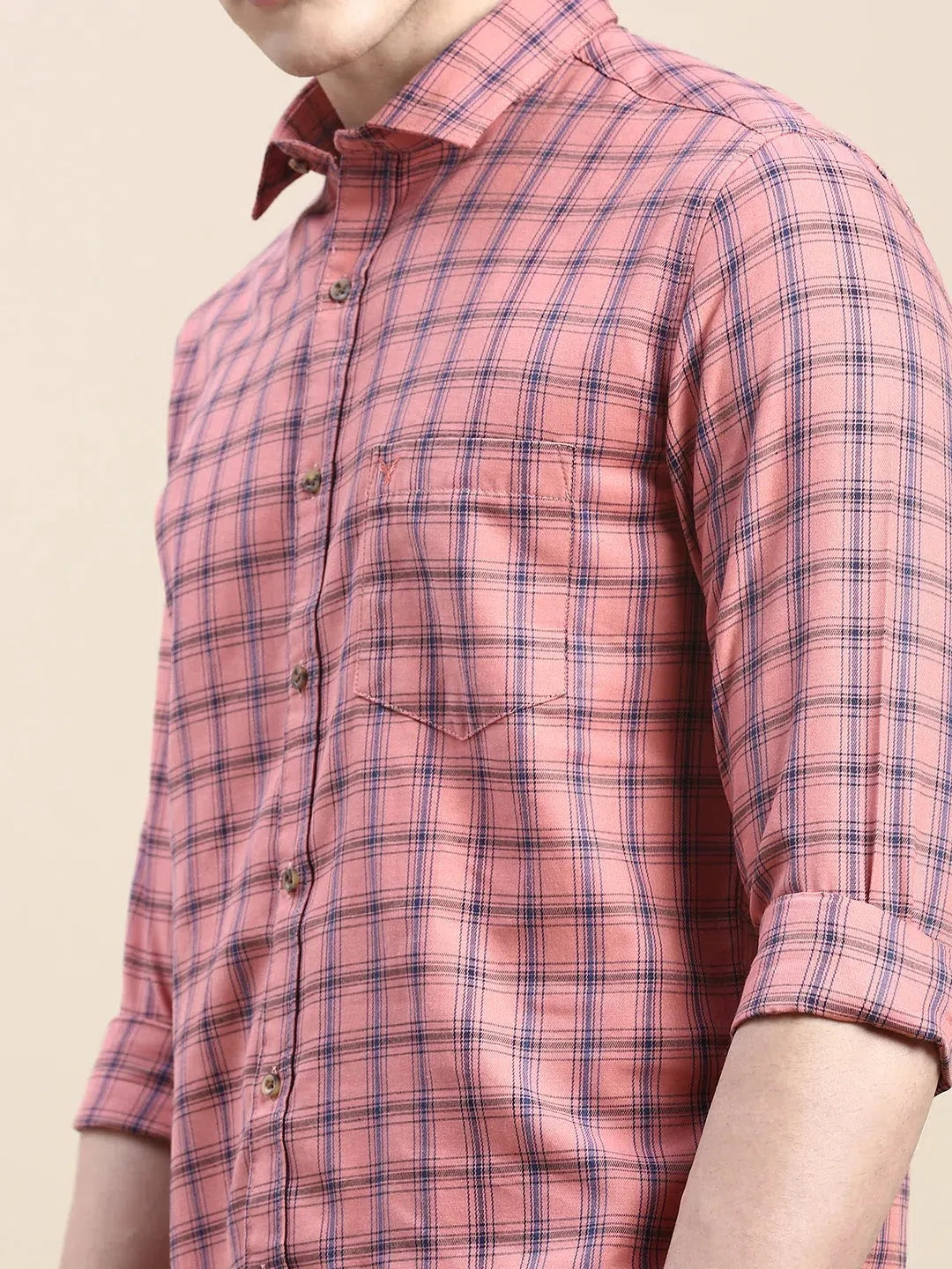 Coral Checked Cotton Mens Shirt - DesiQlo Casual Wear