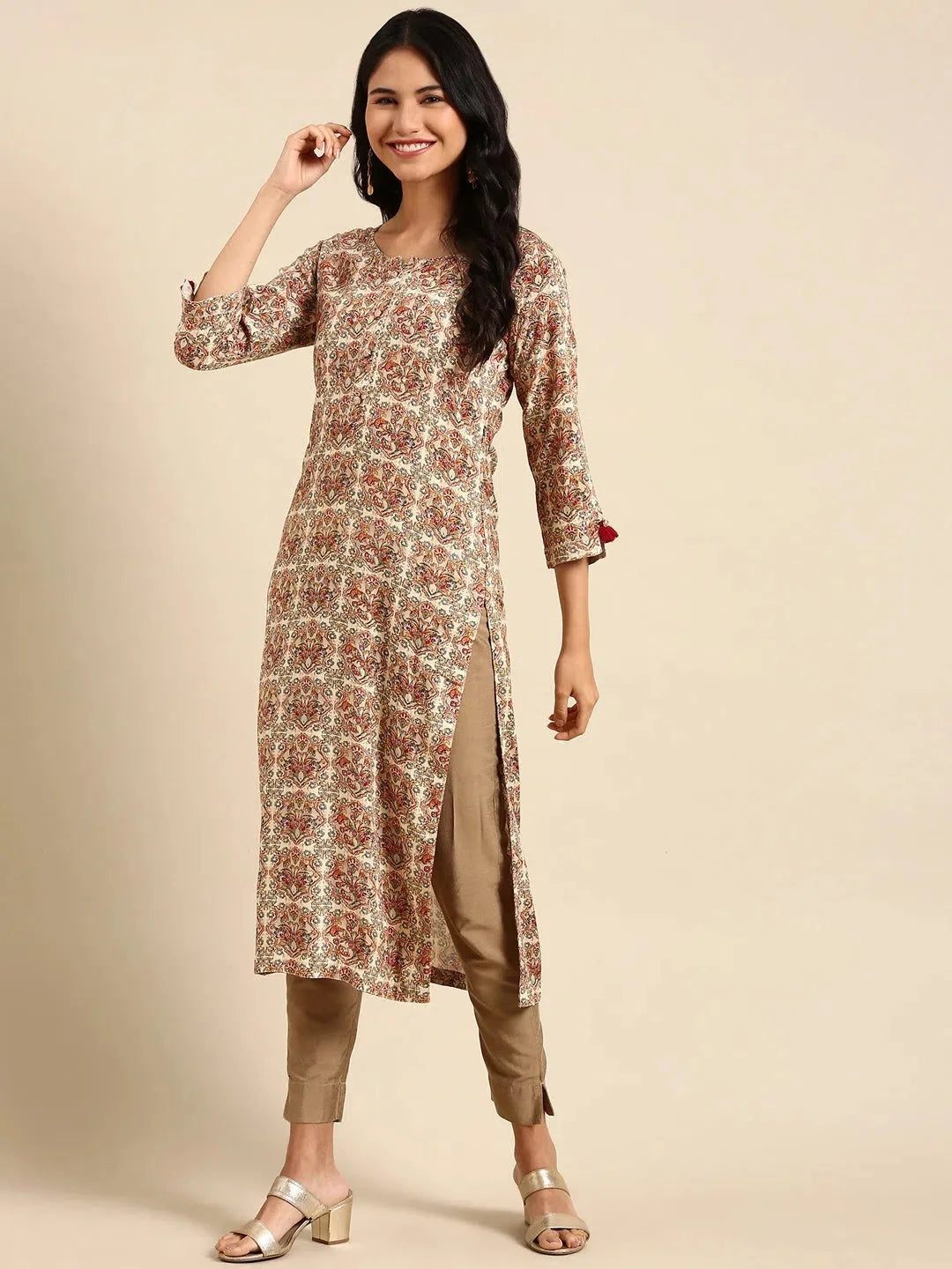 Cream Printed Polyester Kurta | Women's Indian Kurta