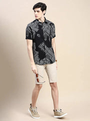 Men Black Printed Casual Shirt-GEORGE-1605-Black