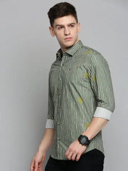 Men Green Striped Casual Shirt-BENTONPRINT-4018-Olive