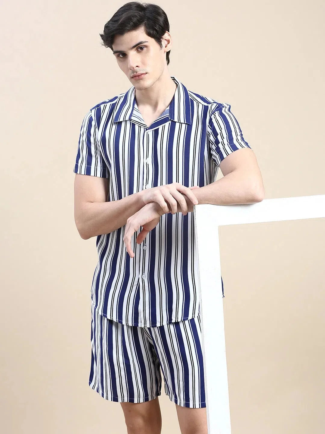 Men Blue Striped Casual Co ord Set-AM-92-9-Blue