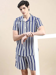 Men Blue Striped Casual Co ord Set-AM-92-9-Blue