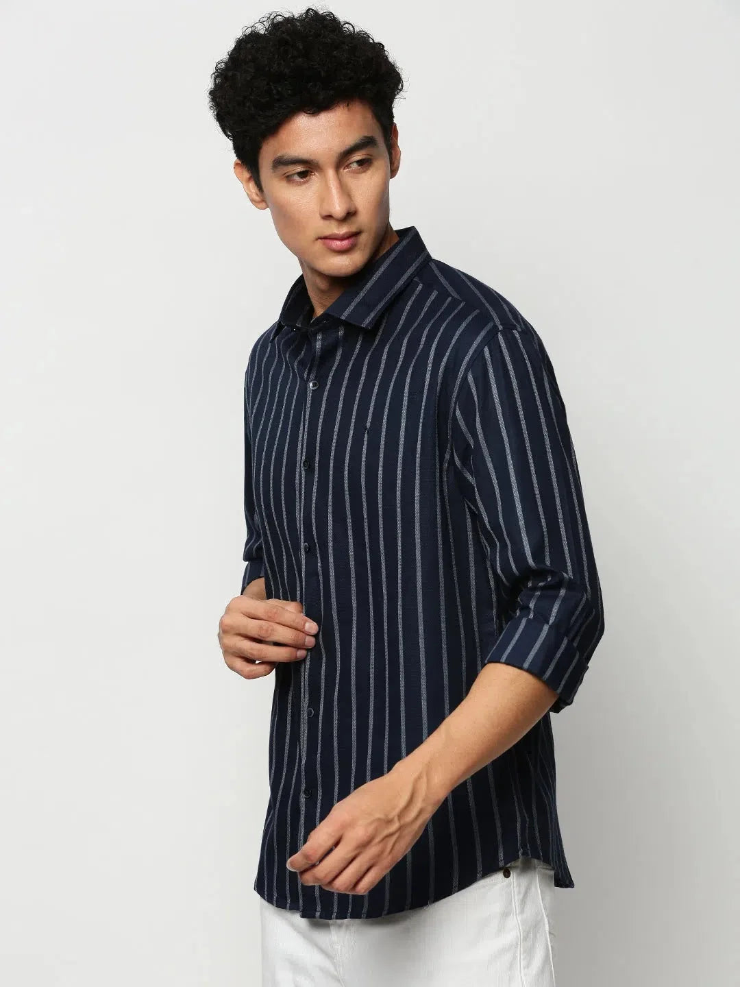 Mens Navy Striped Cotton Shirt - Casual Shirts by DesiQlo