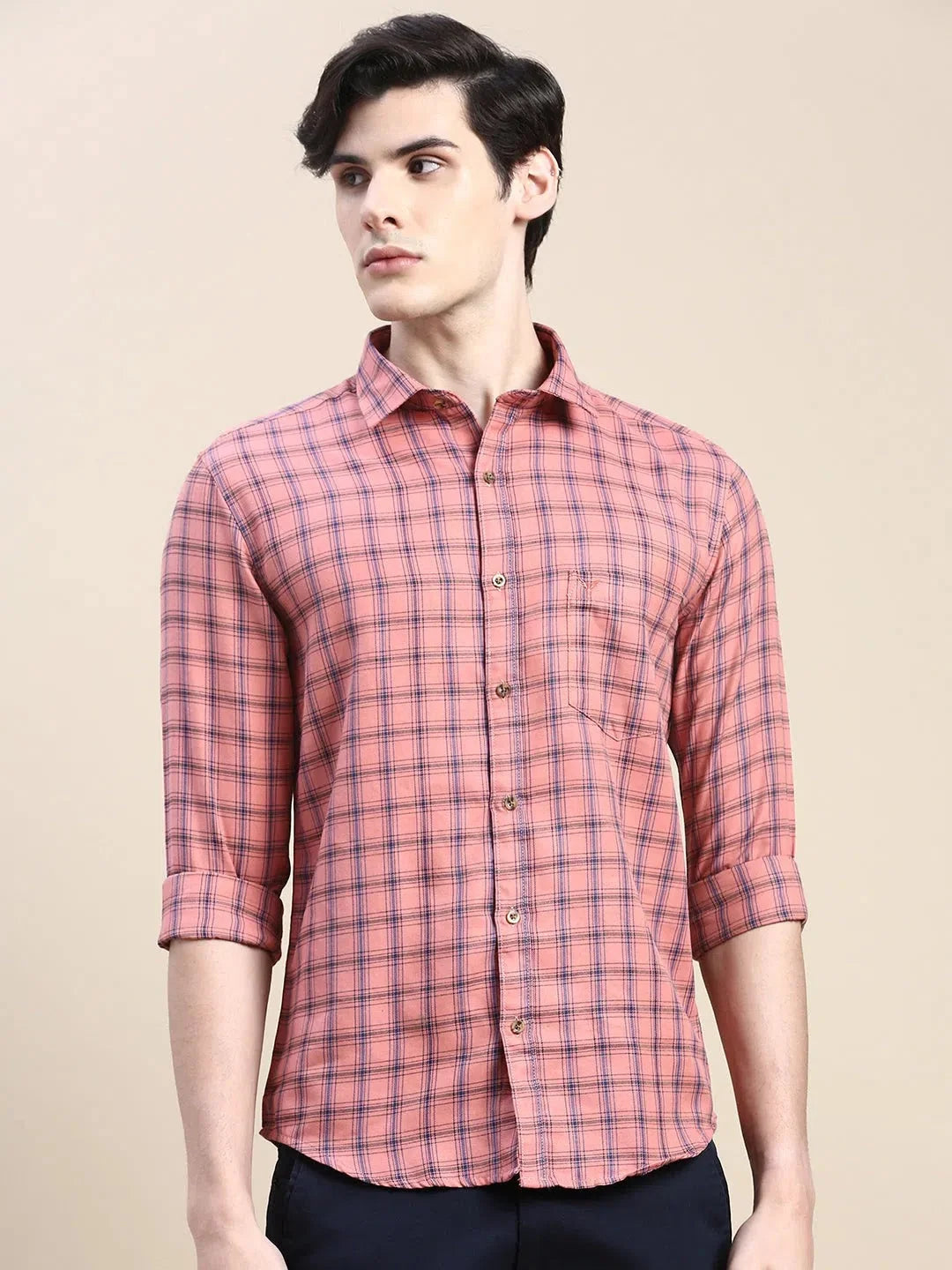 Coral Checked Cotton Mens Shirt - DesiQlo Casual Wear