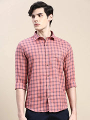 Men Coral Checked Casual Shirt-ALBACHECKS-78-Coral