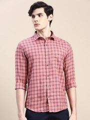 Men Coral Checked Casual Shirt-ALBACHECKS-78-Coral
