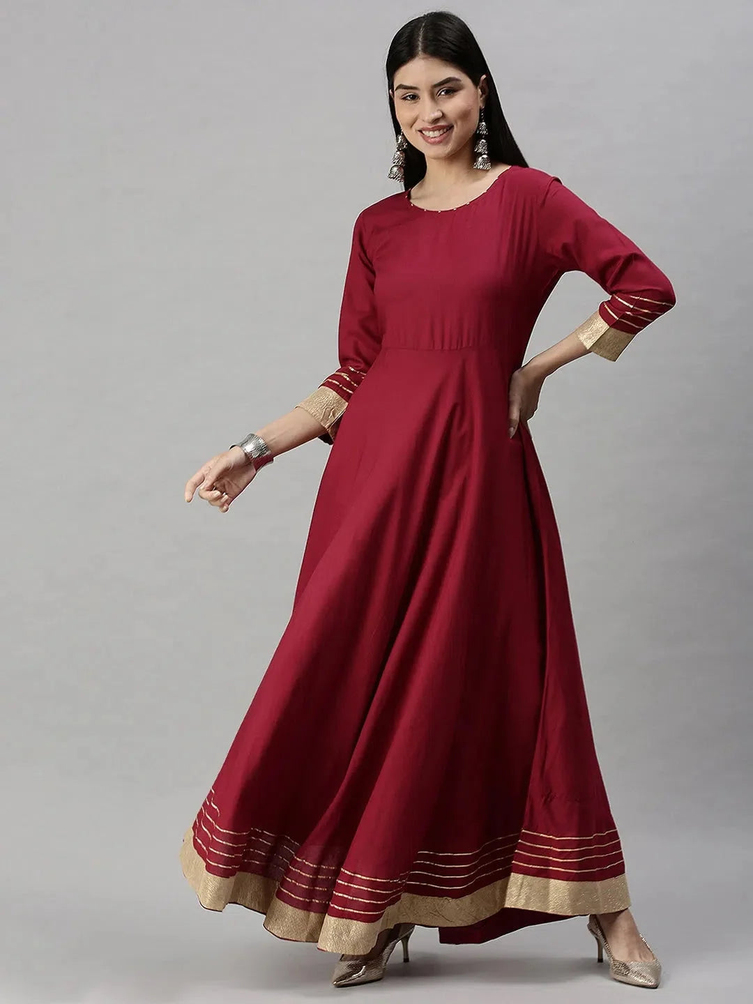Maroon Solid Cotton Anarkali Kurta for Women | DesiQlo