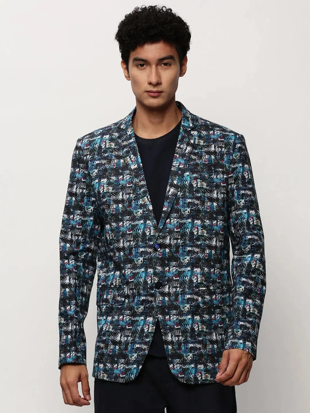 Blue Printed Casual Blazer | Men's Indian Nehru Jackets-DesiQlo