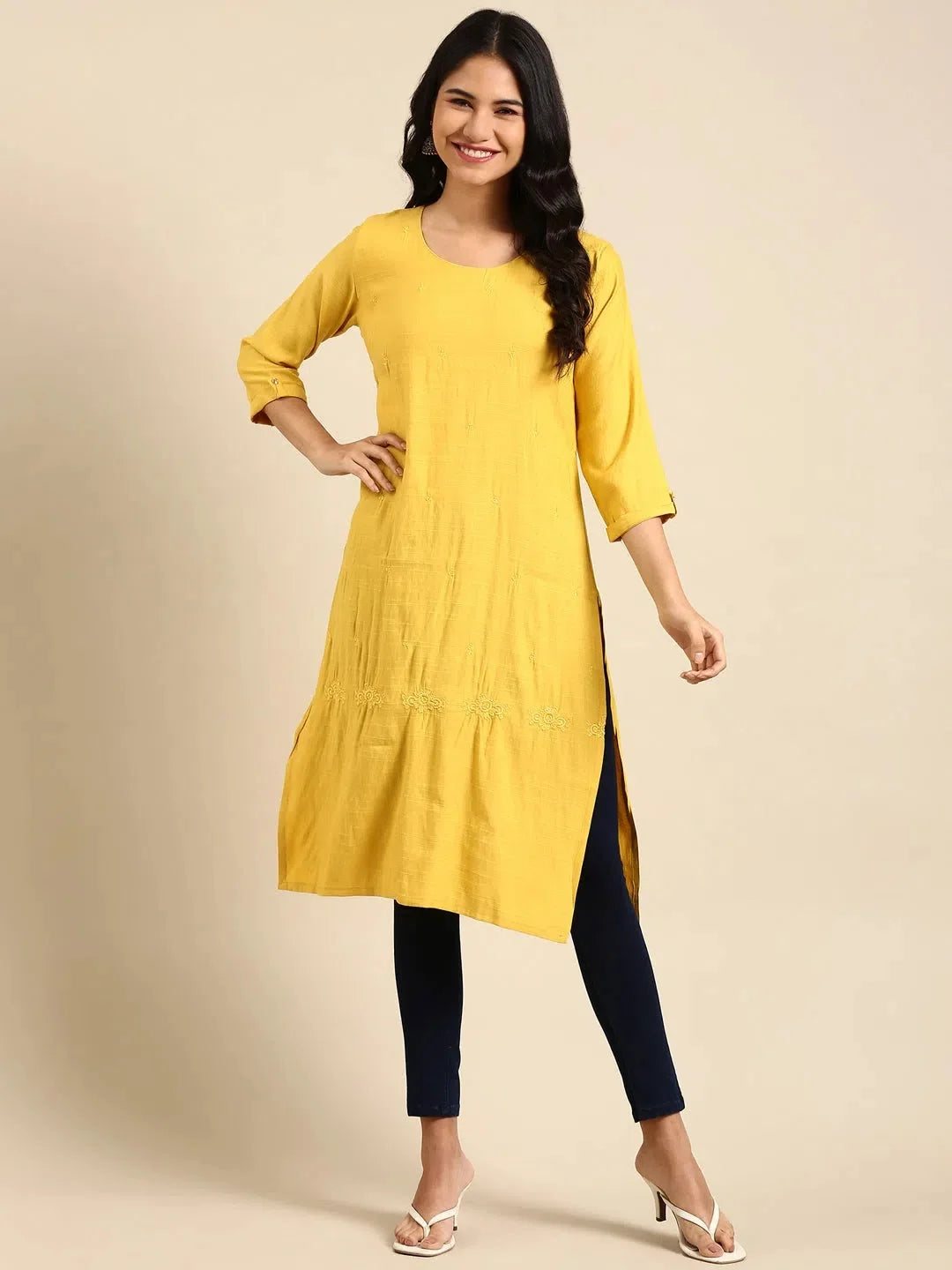 Yellow Printed Indian Kurti - Viscose Straight Kurtas for Ladies