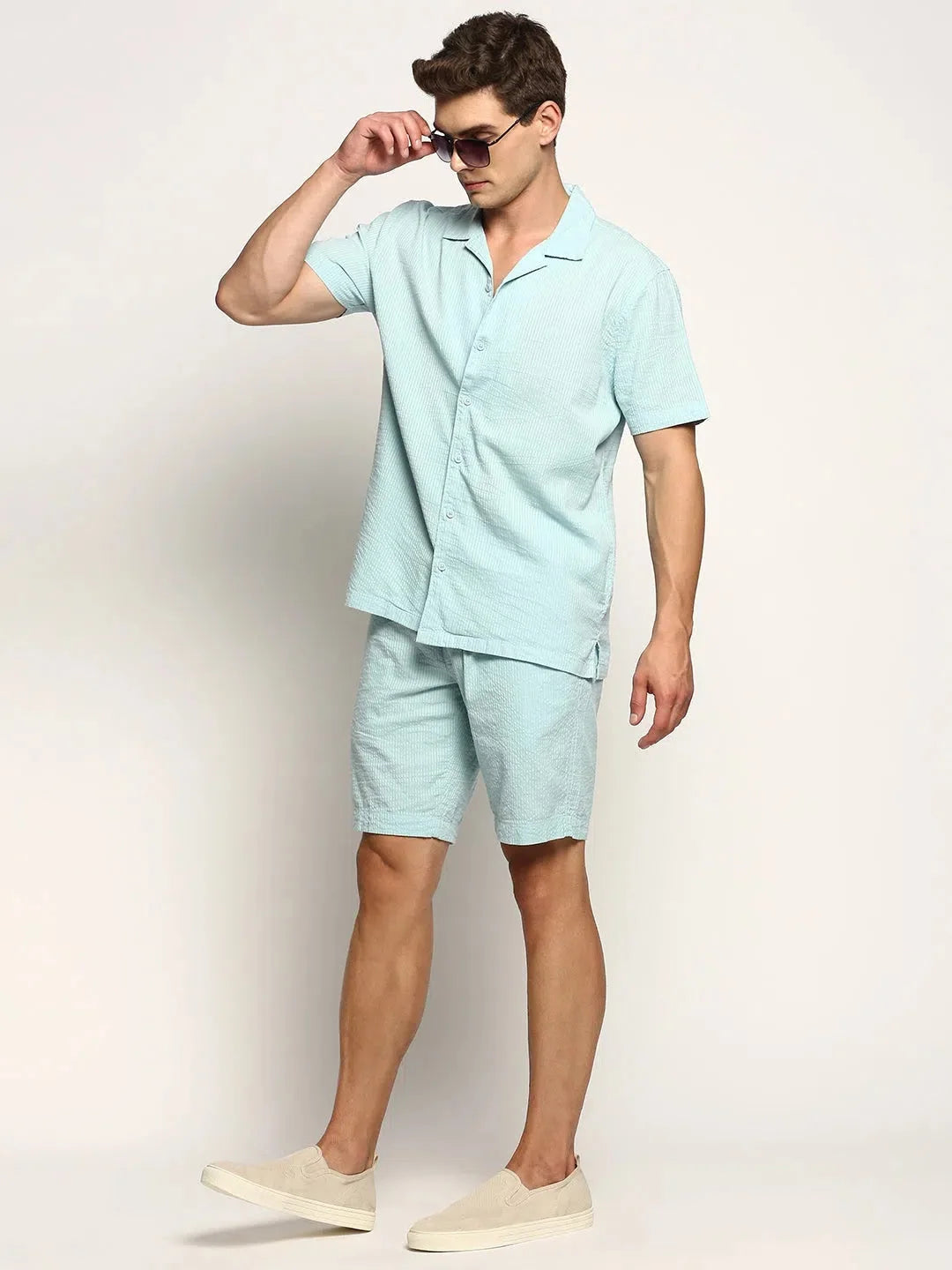 Blue Solid Mens Two Piece Sets - Cotton Co ord Sets for Men
