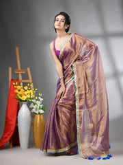 Copper Violet Shimmer Tissue Saree With Gota Patti Borders-MA62TIS33990018