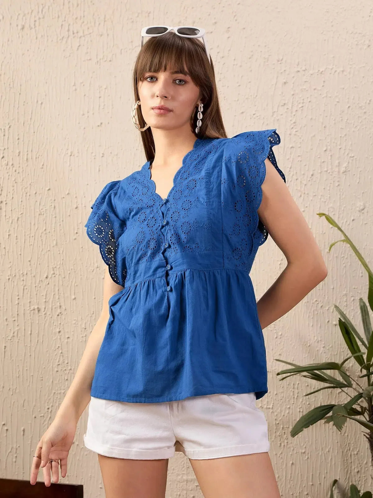 Royal Blue Schiffli Button Top | Women's Western Clothing